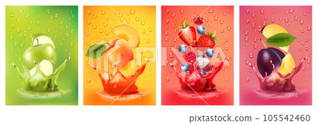 Fresh fruits juice splashing together- pear, apple, plum, apricot, strawberry, blackberry, raspberry juice drink splashing. 3d fresh fruits. Vector illustration Fresh fruits juice splashing together- pear, apple, plum, apricot, strawberry, blackberry, raspberry juice drink splashing. 3d fresh fruits. Vector illustration 105542460