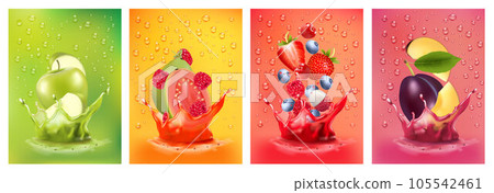 Fresh fruits juice splashing together- pear, apple, plum, apricot, strawberry, blackberry, raspberry juice drink splashing. 3d fresh fruits. Vector illustration Fresh fruits juice splashing together- pear, apple, plum, apricot, strawberry, blackberry, raspberry juice drink splashing. 3d fresh fruits. Vector illustration 105542461