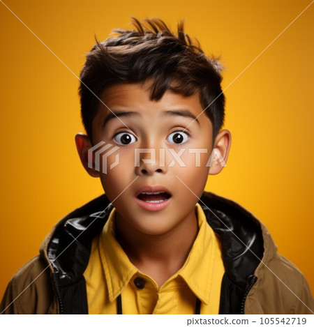 Portrait of a surprised Asian teenage boy with open mouth and big eyes. Closeup face of a shocked Chinese teenager on yellow background looking at camera . Front view of amazed child in yellow jacket. 105542719