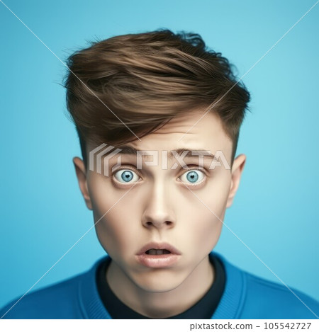 Portrait of a surprised teenage boy with an open mouth and big eyes. Closeup face of a shocked Caucasian teenager on a blue background looking at camera . Front view of an amazed kid in a blue shirt. 105542727
