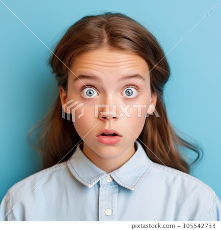 Portrait of a surprised teenage girl with big eyes and an open mouth. Closeup face of an amazed Caucasian teenager on a blue background. Astonished European teen kid in a blue shirt looking at camera. 105542733