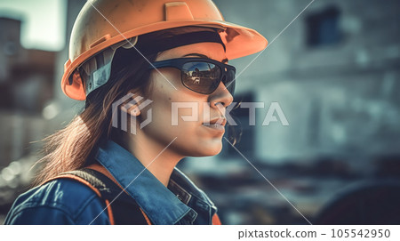 Young woman builder on construction site. Female worker wearing protective helmet inspects construction. Generative AI 105542950