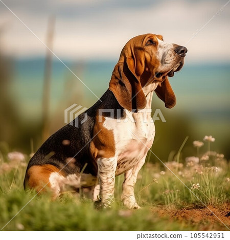 Basset Hound dog sitting on the green meadow in a summer green field. Portrait of Basset Hound dog sitting on the grass with summer landscape in the background. AI generated illustration. 105542951