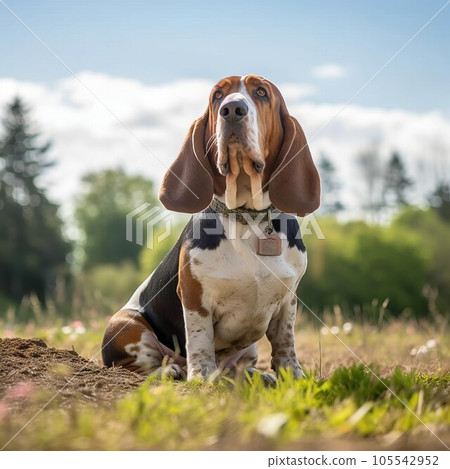 Basset Hound dog sitting on the green meadow in a summer green field. Portrait of Basset Hound dog sitting on the grass with summer landscape in the background. AI generated illustration. 105542952