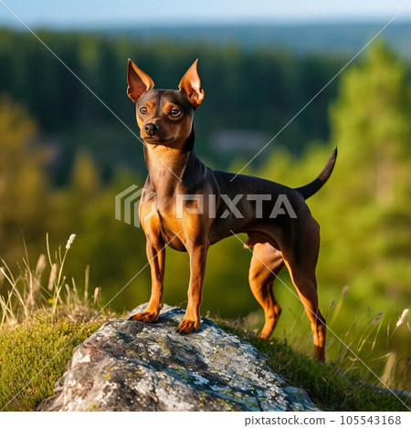 Miniature Pinscher dog standing on the green meadow in a summer green field. Miniature Pinscher dog standing on the grass with summer landscape in the background. AI generated illustration. 105543168