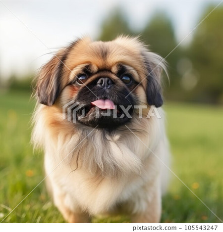 Pekingese dog portrait on a sunny summer day. Closeup portrait of a purebred Pekingese dog in the field. Outdoor Portrait of a beautiful dog in summer field. AI generated. 105543247