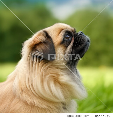 Profile portrait of a Pekingese dog in the nature. Pekingese dog portrait on sunny summer day. Outdoor portrait of a beautiful dog in summer field. AI generated. 105543250
