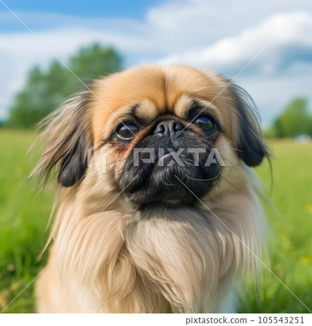 Pekingese dog portrait on a sunny summer day. Closeup portrait of a purebred Pekingese dog in the field. Outdoor Portrait of a beautiful dog in summer field. AI generated. 105543251
