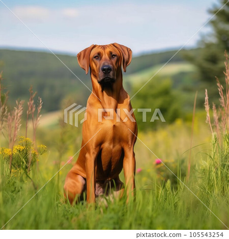 Rhodesian Ridgeback dog sitting on the green meadow in a summer green field. Portrait of a Rhodesian Ridgeback dog sitting on the grass with a summer landscape in the background. AI generated. 105543254