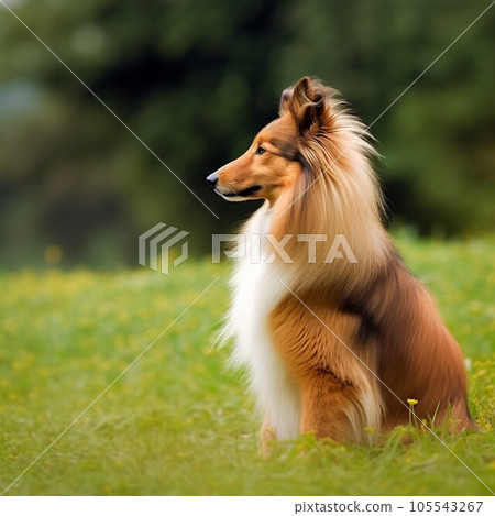 Sheltie sitting on a green meadow in summer. Profile portrait of a Sheltie dog sitting on the grass with a summer landscape in the background. AI generated. Sheltie sitting on a green meadow in summer. Profile portrait of a Sheltie dog sitting on the grass with a summer landscape in the background. AI generated. 105543267