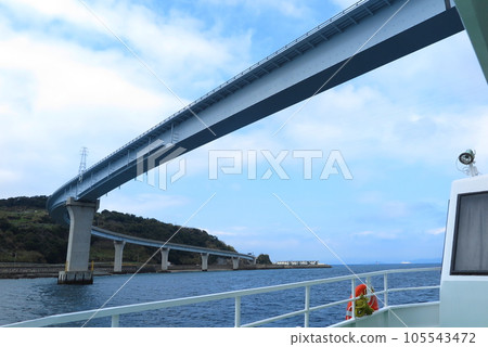 Iojima Bridge looking up from a ferry (Nagasaki Prefecture, completed in 2011) Iojima Bridge looking up from a ferry (Nagasaki Prefecture, completed in 2011) 105543472