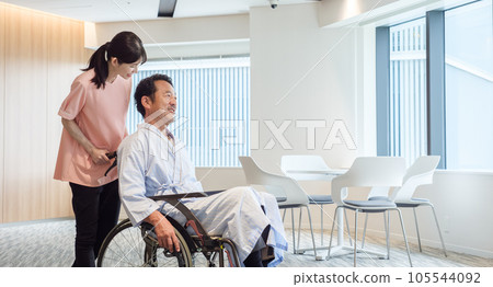 Patient in wheelchair and caregiver 105544092