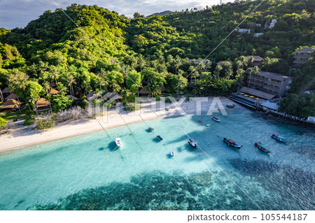 Aerial view of Haad Tien Beach in shark bay, koh Tao, Thailand Aerial view of Haad Tien Beach in shark bay, koh Tao, Thailand 105544187