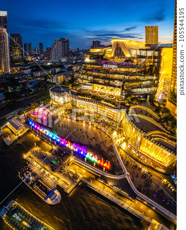Aerial view of Icon Siam mall by night on the chao phraya river in khlong san, bangkok, Thailand Aerial view of Icon Siam mall by night on the chao phraya river in khlong san, bangkok, Thailand 105544195