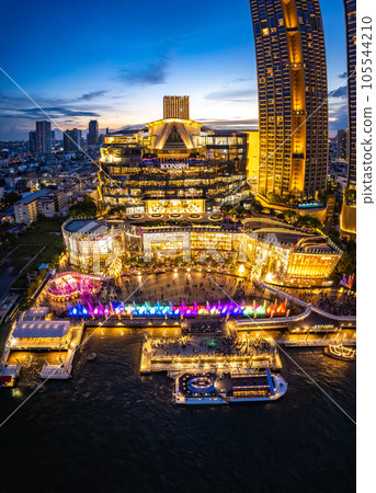 Aerial view of Icon Siam mall by night on the chao phraya river in khlong san, bangkok, Thailand Aerial view of Icon Siam mall by night on the chao phraya river in khlong san, bangkok, Thailand 105544210