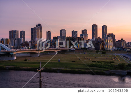 "Kanagawa Prefecture" Night view of Musashi Kosugi Tower Mansion / From the riverbed of the Tama River 105545296