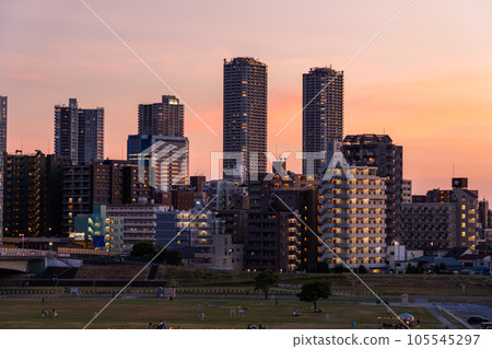 "Kanagawa Prefecture" Night view of Musashi Kosugi Tower Mansion / From the riverbed of the Tama River 105545297
