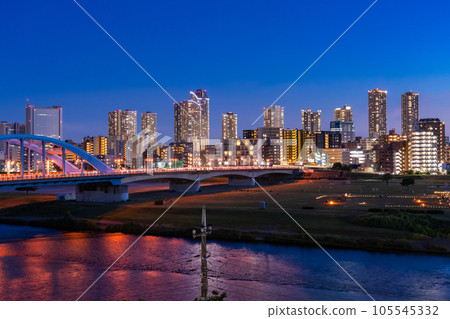 "Kanagawa Prefecture" Night view of Musashi Kosugi Tower Mansion / From the riverbed of the Tama River 105545332