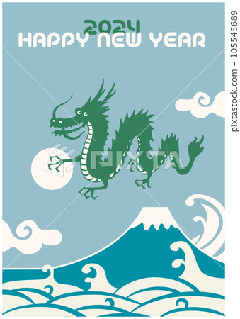 圖庫插圖: 復古流行龍新年賀卡材料_獨特的設計，富士山和波浪，日式風格 105545689