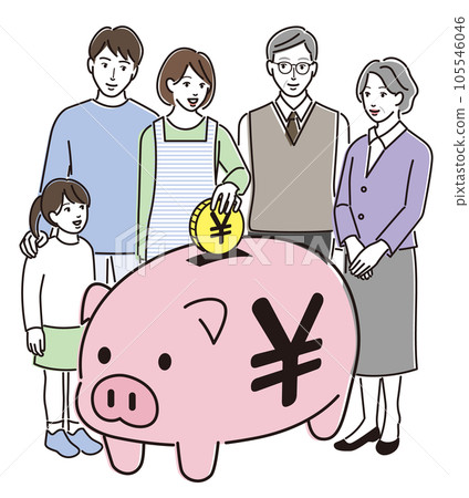 A piggy bank and a family thinking about money 105546046