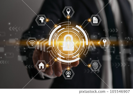 Businessman Hand and Finger Touching Screen and Hexagon UI HUD Lock Security Sign 105546907