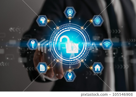 Businessman Hand and Finger Touching Screen and Hexagon Blue HUD Unlock Security Sign 105546908