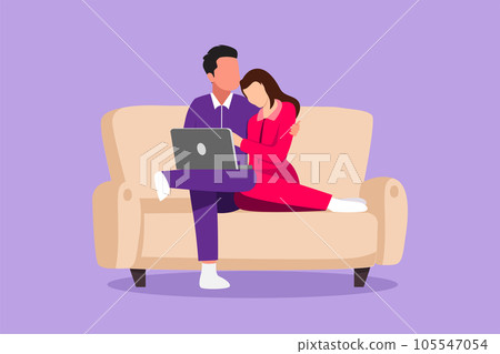 Cartoon flat style drawing cozy living room concept. Romantic young couple gently cuddle on couch and watch movie on their laptop. Happy family life with interior. Graphic design vector illustration 105547054