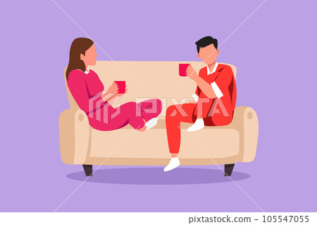 Graphic flat design drawing romantic couple sitting at sofa, talking and drinking coffee. Man and woman living together in cozy apartment. Romance and love concept. Cartoon style vector illustration 105547055