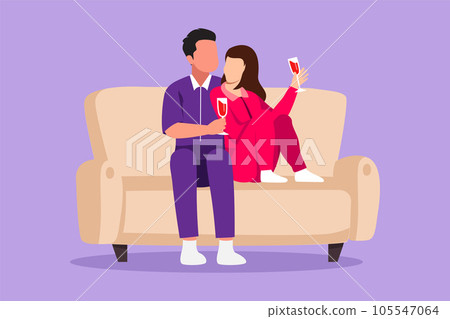 Graphic flat design drawing romantic couple sitting on sofa, talking and drinking coffee. Happy man and woman have relaxing day off at living room. Romance and love. Cartoon style vector illustration 105547064