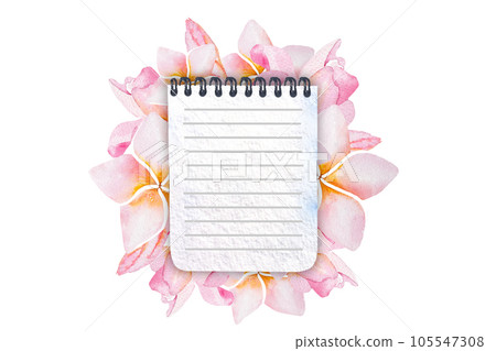 Watercolor illustration of a bouquet of plumeria flowers and a notepad for writing, plumeria flowers and a notepad. 105547308
