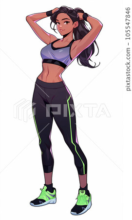 手绘卡通可爱的健身女孩插画 105547846