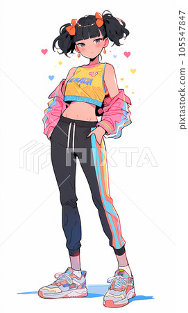 Hand drawn cartoon illustration of cute fitness girl 105547847