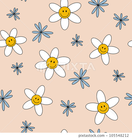 Seamless Y2k pattern with daisies and a smile on a beige background. Fashionable retro trippy style of the 2000s. Funny cute texture for surface decoration. Vector. 105548212