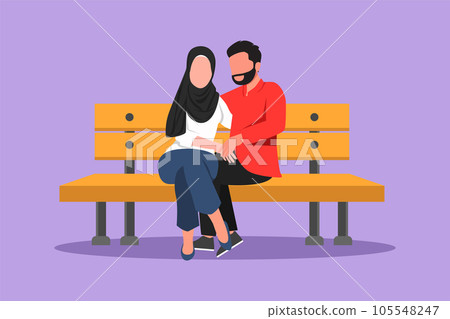 Graphic flat design drawing romantic Arabian couple dating at park. Man and woman sitting on bench in city park. Happy family. Intimacy celebrate wedding anniversary. Cartoon style vector illustration 105548247