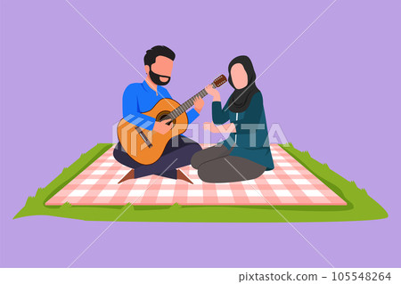 Graphic flat design drawing romantic Arab couple of lovers has picnic on nature park. Man playing music on guitar, pretty girl listening and singing a song together. Cartoon style vector illustration 105548264