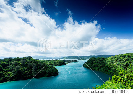 emerald green sea and white clouds 105548403