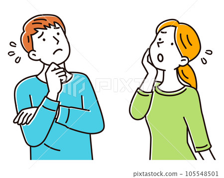 A young man and a young woman looking up with their hands on their chins and worrying about something 105548501