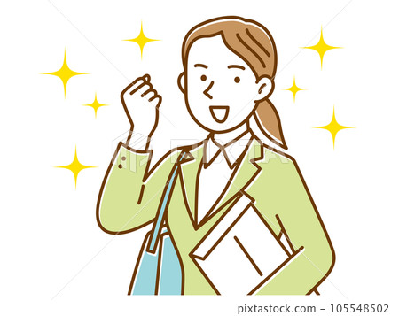 A woman in a suit holding an envelope and a bag and doing a guts pose 105548502