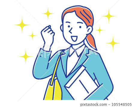 A woman in a suit holding an envelope and a bag and doing a guts pose 105548505