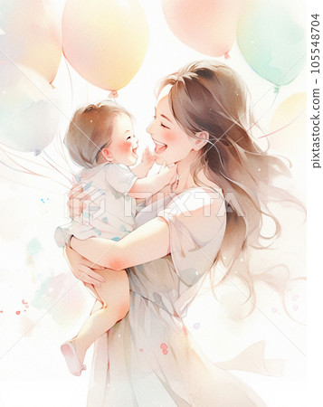 Watercolor painting of a woman holding a baby AI-generated image 105548704