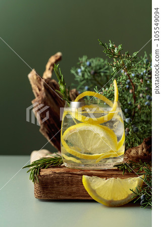 Cocktail gin-tonic with ice, lemon, and rosemary in a frozen glass. 105549094