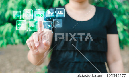 woman touch hologram to save energy,and reduce global warming,climate change,ecology friendly investment,ESG environment social governance,Green Business Innovation and Sustainable Development concept 105549377