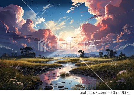 Scenery of clouds and a flowing river illuminated by the sunset: AI work Scenery of clouds and a flowing river illuminated by the sunset: AI work 105549383