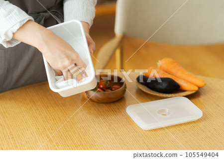 Hand photo of a woman wiping a storage container 105549404