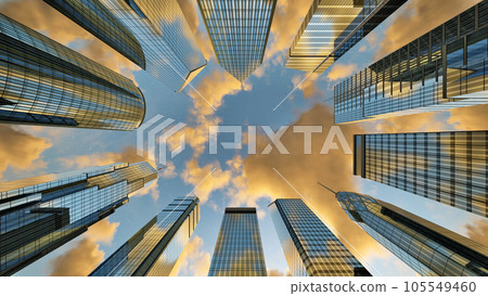 Golden clouds passing over skyscrapers business buildings in the morning Golden clouds passing over skyscrapers business buildings in the morning 105549460