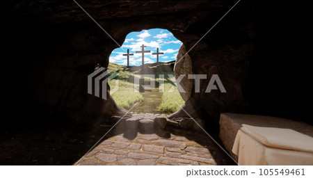 Jesus Christ resurrection and three crosses on the hill from inside the grave Jesus Christ resurrection and three crosses on the hill from inside the grave 105549461