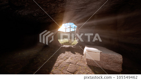 Jesus Christ resurrection and three crosses on the hill from inside the grave Jesus Christ resurrection and three crosses on the hill from inside the grave 105549462