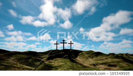 Three crosses on the hill with clouds moving on blue starry sky Three crosses on the hill with clouds moving on blue starry sky 105549505
