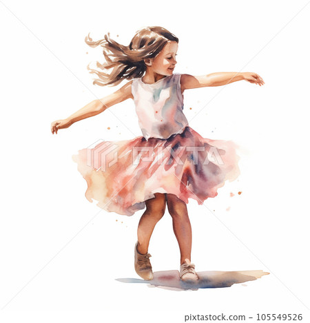 Cute dancing girl illustration. Little Girl watercolor style clipart isolated on white background. 105549526
