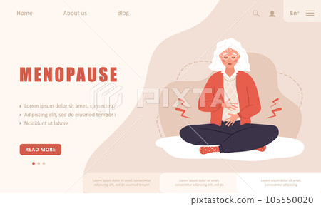 Menopause landing page template. Sad elderly woman with female problems. Abdominal pain. Vector illustration in flat cartoon style Menopause landing page template. Sad elderly woman with female problems. Abdominal pain. Vector illustration in flat cartoon style 105550020